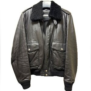 Saint Laurent Black Leather Bomber Jacket with Shearling Collar